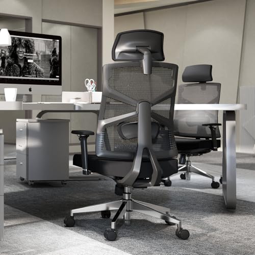 HOLLUDLE Ergonomic Office Chair with Adjustable Backrest, Depth Adjustable Seat, 4D Armrests, Lumbar Support and 2D Headrest, 360° Swivel, Modern Design, Black