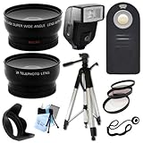 Ultimate Accessory Package for Nikon D3000, D3100, D3200, D5100, D5200, D5300, D7100, D7000 Digital SLR Cameras Includes: Full size Tripod + 52mm Wide Angle and Telephoto Fixed Lens + Flash + Filter Kit and Hood + Wireless Remote