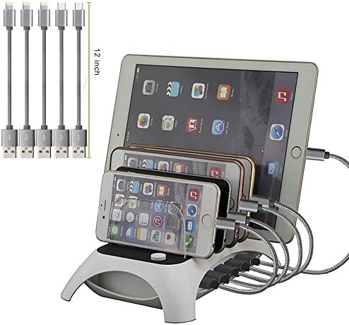 Charging Station Organizer with Cables for Multiple Devices,VANCUS 60W 12A 5 USB Port Quick Charge Docking Station Stand for iPhone,iPad,Samsung,Tablets, Power Banks and More