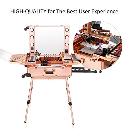 Ovonni LED Makeup Train Case, Lighted Rolling Travel Portable Cosmetic Organizer Box with Mirror & 4 Detachable Wheels, Professional Artist Trolley Studio Free Standing Workstation, Rose Gold