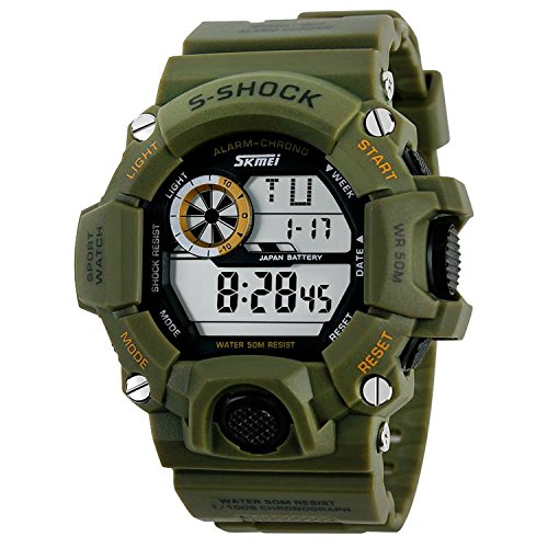 Aposon Mens Military Digital Outdoor Electronic Water Resistant LED Sport Watch with S-Shock Multifunctional - Army Green