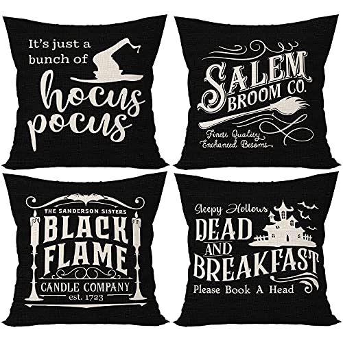 SIBOSUN Halloween Throw Pillow Covers Set of 4 with Decorations Quotes Hocus Pocus Pillow Covers 18 x 18 Inches Halloween Decor Home Cotton Linen for Fall Rustic Modern Farmhouse Black