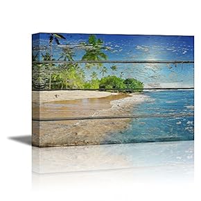 Canvas Prints Wall Art - Tropical Beach with Palm Tree on Vintage Wood Background Rustic Home Decoration - 12" x 18"