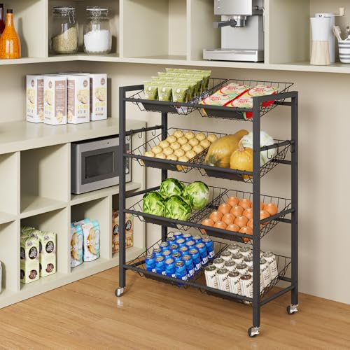 IBUYKE Kitchen Trolley with 8 Baskets,Metal Auxiliary Cart,Black TLJ025B | Vegetable Trolley Fruit Basket Organizer with Wheels for Vegetables, Onions, Potatoes