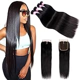 FQ Peruvian Straight Human Hair 4 Bundles with Closure(24 26 28 30+20) Middle Part 10A Unprocessed Virgin Human Hair Bundles with Lace Closure Straight Hair Weave Bundles with Closure 5 Bundle Deals