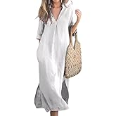 utcoco Womens Cotton Linen Maxi Dresses Casual Loose Fit V Neck 3/4 Sleeve Side Slit A Line Linen Long Dress