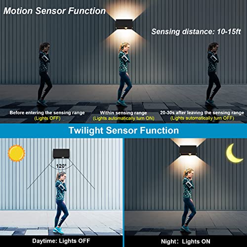 Kingwen Set of 4 Outdoor LED Wall Lights with Sensor 20W Black | Aluminium Wall Lamp, 3000K, 2000lm, 0-120° Adjustable Angle, Class F, for Indoor and Outdoor Use