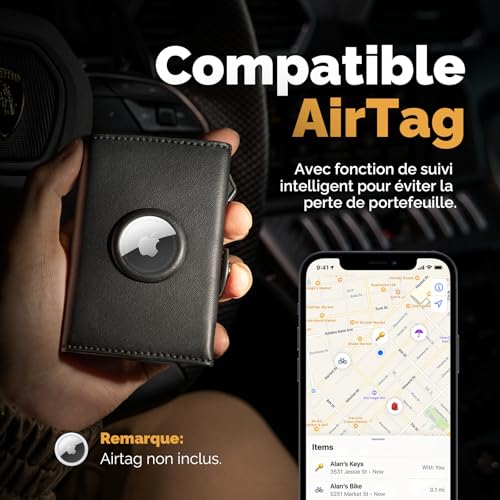 Manmaxim AirTag Men's RFID Blocking Wallet, Compact Air Tag for 12 Cards, Pop-up Coin Purse with Coin Compartment and 2 ID Windows, Black