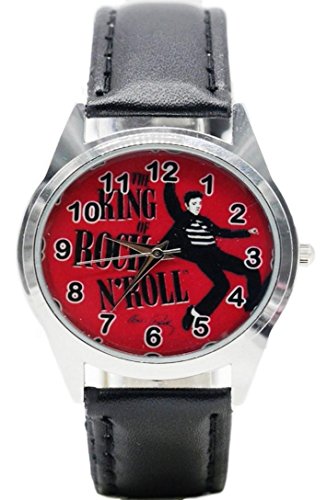 Elvis Presley The KING of ROCK N' ROLL Red Bckgrd Genuine Leather Band Wristwatch