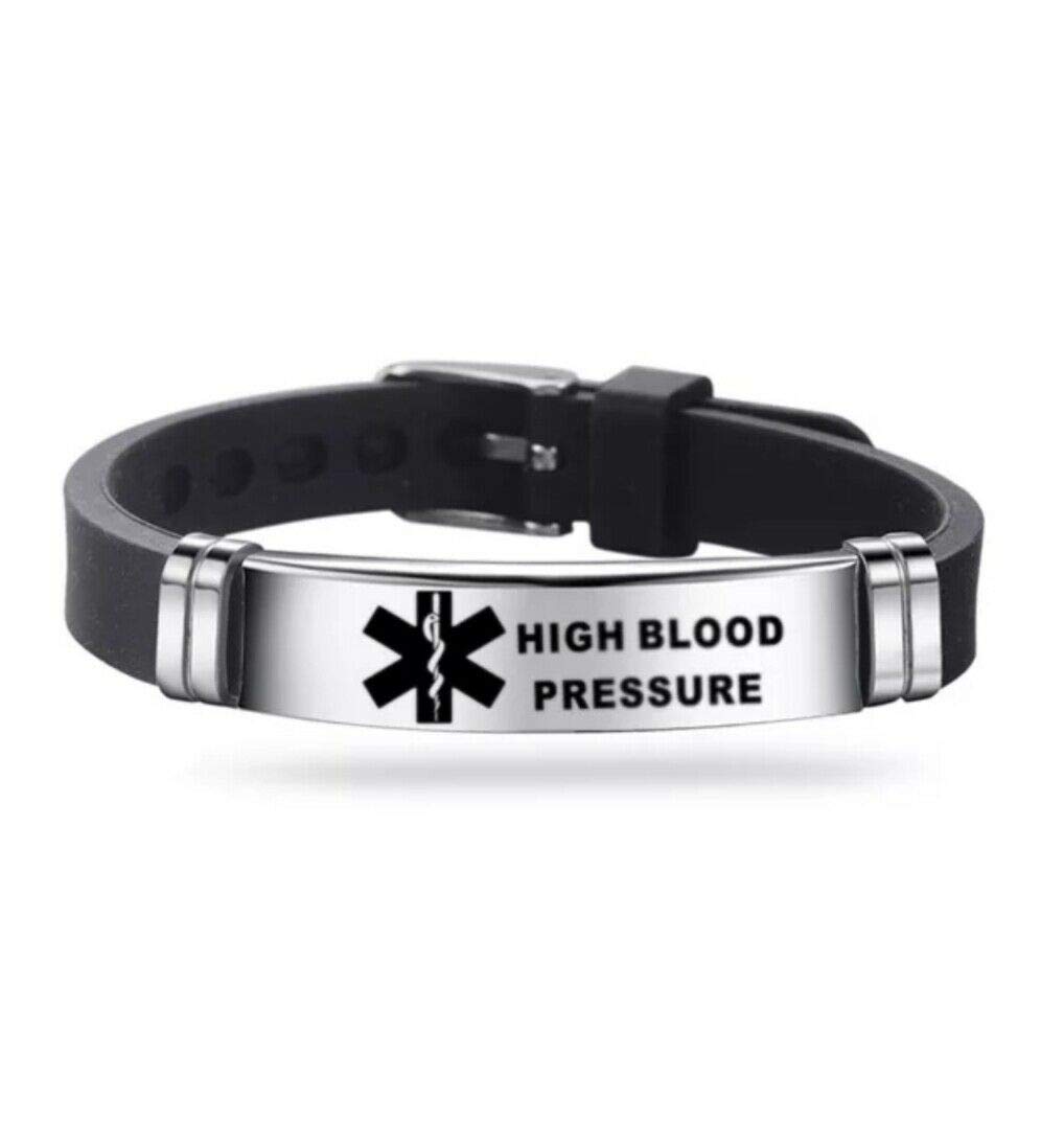 Medical ID Me - Medical Alert Silicone Bracelets Emergency Medical Awareness Epilepsy Diabetes COPD Blood Thinner Men Women Stainless Steel Adjustable (High Blood Pressure)