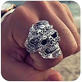 Aneneiceera Vintage Skull Rings Metal Skeleton Head Ring Silver Skeleton Ring Punk Skull Rings Gothic Rings Hand Jewelry for Women