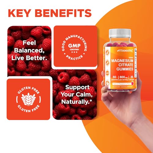 Vitamatic Magnesium Gummies 600mg per Serving – 60 Vegan Count for Relaxation, Muscle, Bone, and Energy Support