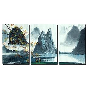 Chinese Mountains Fog Autumn and Lake x3 Panels
