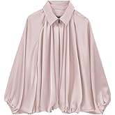 EGOCKAL Womens Satin Puffed Bomber Jacket Oversized Batwing Sleeve Lapel Collar Pleated Zip Up Outerwear Shirts