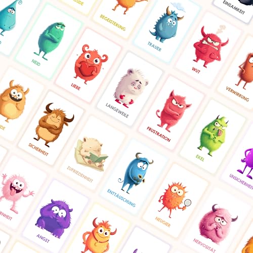Edubini Emotion Cards for Children [30 Cards + Explanatory Texts] - Emotion Cards for Self-Regulation and a Good Feeling - (Educationally Valuable) - Feeling Monster for Emotional Children