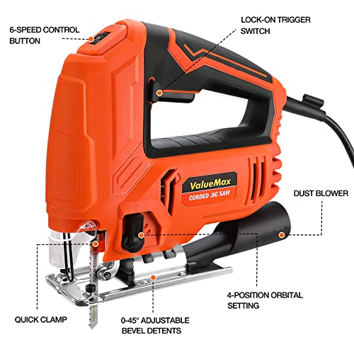 ValueMax Jig Saw, 5.0AMP Jigsaw Tool Kit with 6 Variable Speeds, 4-Position Orbital Setting, ±45° Bevel, Dust Blower and 6PCS Blades, 800-3000SPM, Corded Jigsaw for Wood, Metal and Plastic Cutting