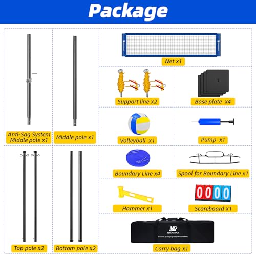 Professional Outdoor Volleyball Net Set with Adjustable Poles & Anti-Sag Design, Portable Volleyball Net Includes Beach Fixed Plate, Scoreboard, Boundary Line & Carry Bag for Backyard Beach