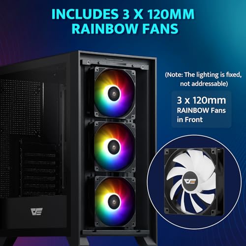 darkFlash ATX Mid-Tower Gaming PC Case, Pre-Installed 3x120mm Fix RGB Fans, with Removable Large Mesh Front Panel, USB3.0 Ready, Tempered Glass Side Panel Airflow Computer Case, Black(DRX70)