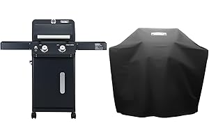 Monument Grills 2-Burner Foldable Stainless Steel Liquid Propane Gas Patio Garden Barbecue Grill with Clearview® Lid, Knob Control Mesa220 with BBQ Cover