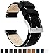BARTON WATCH BANDS Quick Release Top Grain Leather Watch Band Strap, Black Leather/Linen White Stitching, 18mm