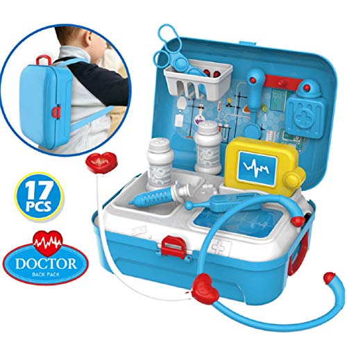 Putars Doctor Kit for Kids, 17Pcs Pretend Medical Doctor Medical Playset with Electronic Stethoscope, Medical Kits Gift, Educational Doctor Toys for Toddler Boys Girls Playhouse Backpack Box(Blue)