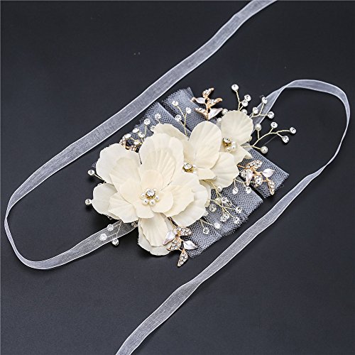 Bridal Headpiece, FANGZHIDI Wedding Hair Accessories, Floral Leaf Vine Pearl Rhinestone Jewelry Crown with 2 Ribbons, Best Gift for Girl-friend Women, Suit for Performance,Party, Photograph (Gold) - Thumbnail 2