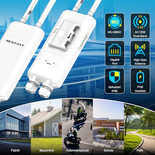 NEWFAST AC1200 Outdoor WLAN Access Point,Wetterfester Dualband Access Point,Ideal für Stabile Internetverbindung im Garten,Auf der Terrasse Oder im Hof,IP66 Water Resistant,PoE Powered,2026 Neuestes