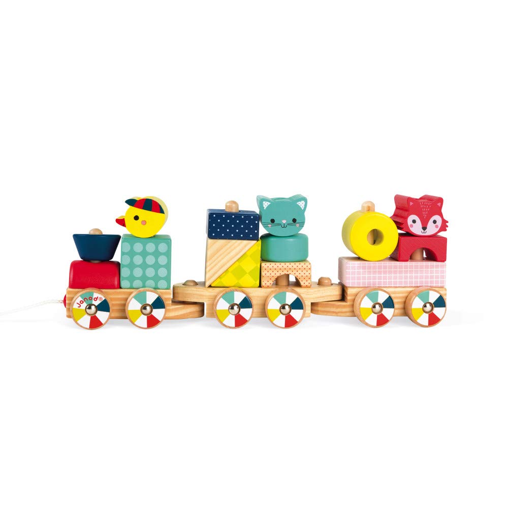 Janod - Baby Forest Wooden Train - Pull-along toy - 17 Blocks Included - Learning Shapes and Colours - Developing Fine Motor Skills - From 1 Year Old, J08022