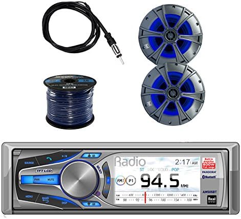 Dual Mechless AM/FM, MP3 Bluetooth Receiver iPod/iPhone Control W/Dual 2-Way Marine Speaker with Blue illumiNITE Accent Lighting Pair, Enrock Audio Marine 50' 16G Speaker Wire &amp; Enrock Marine Antenna