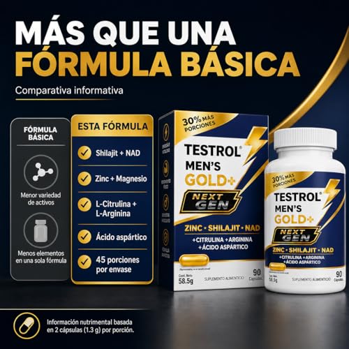 TESTROL GOLD + Next Gen, Suplemento para Hombres con Zinc, Shilajit, NAD, Magnesio, Arginina, Citrulina y Ácido Aspártico, 90 Cápsulas.