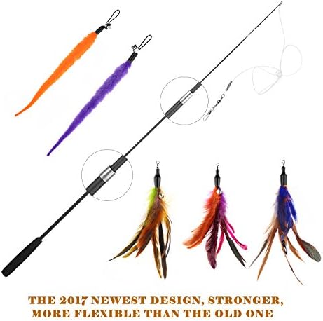 Etrech Retractable Cat Wand Rod With 3 pieces Feather teaser Toy and 2 pieces Squiggly Worms Toys for Cat and kitten - Cat Toy Interactive Cat Wand (black)