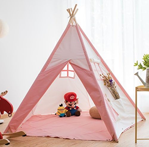 Pericross 5 Panel Kids Teepee Play Tents (B-1008 Pink on White with Bottom)