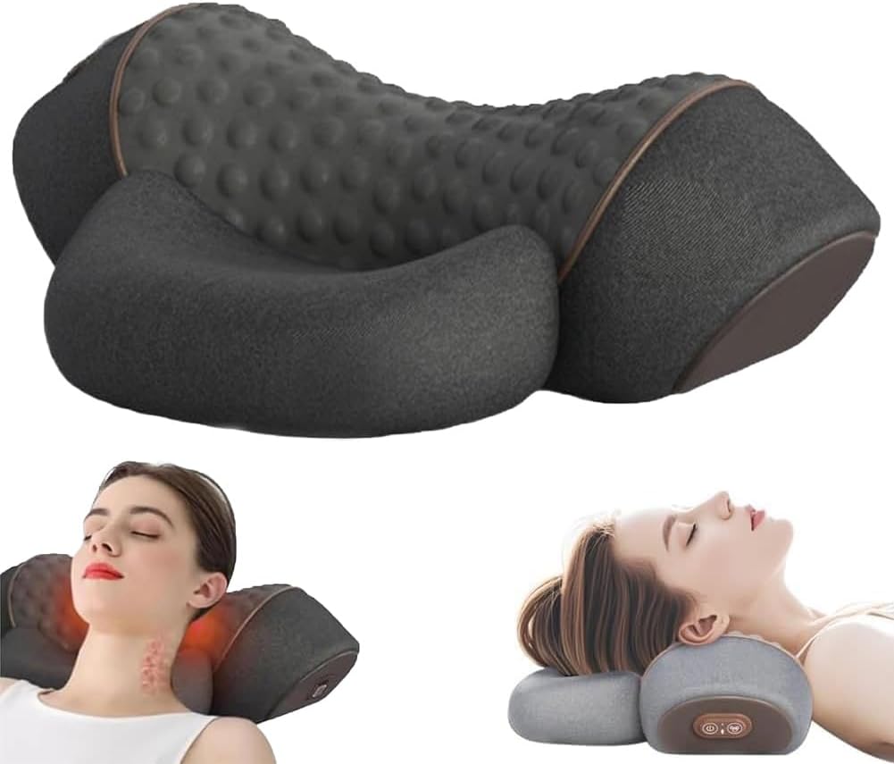 Fisiorest 3-in-1 Neck Massager Pillow, Neck Massager- Ergonomic Hump Neck Pillows with Traction, Heat & Vibration, Memory Foam Traction Cervical Pillows for Sleeping Deep Relaxation (Black)