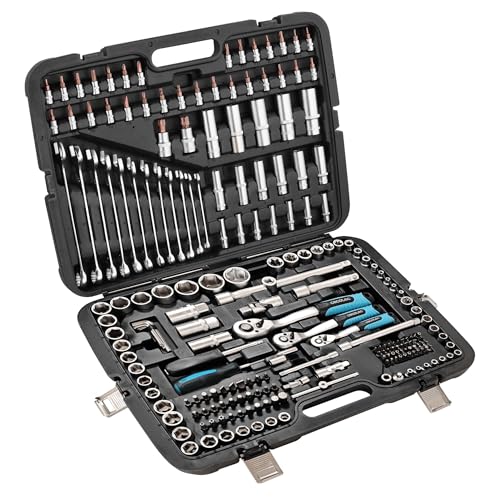 Cecotec Mallette porte-outils 216 pièces ToolBox KRK 6200. 3 cliquet à 72 dents, douilles CR-V, embouts S2, 12 clés fixes, douilles pour jantes, 4 boucles de fermeture métalliques