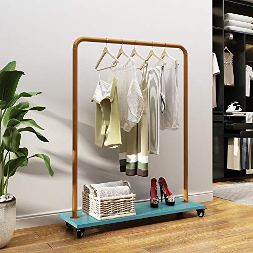 HOME BI Industrial Pipe Clothing Rack, Heavy Duty Garment Rack for Laundry Room,Rolling Clothes Rack with Shelfï¼ŒLockable Wheels,Blue