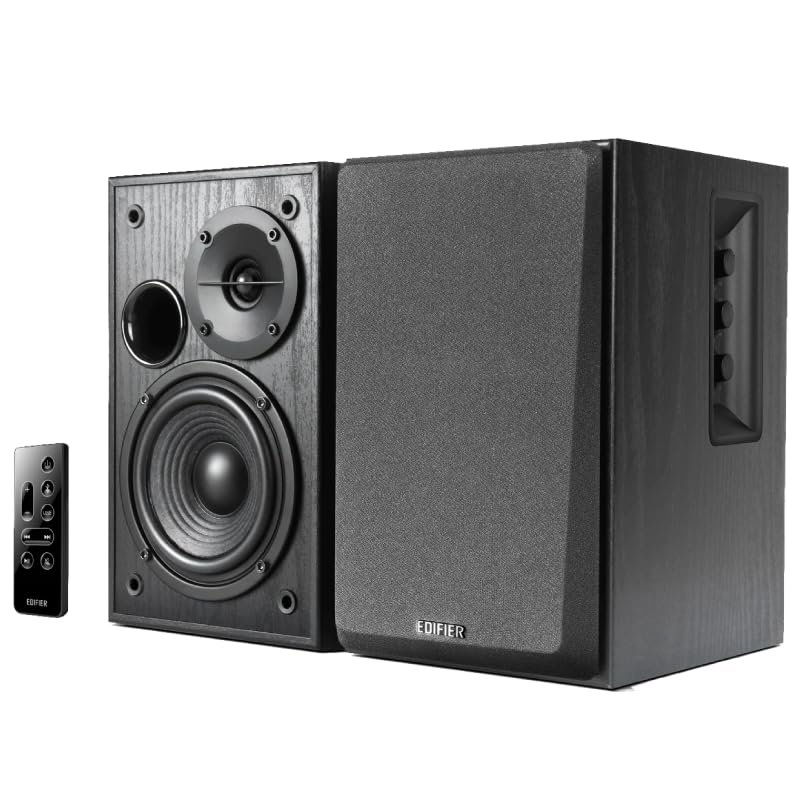 Edifier R1580MB Active 2.0 Studio Bookshelf Speaker System with Dual Microphone Inputs and Bluetooth Connectivity - Black Wood