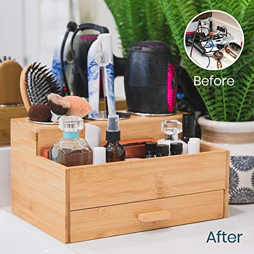 Bamboo makeup hair tools organizer blow dryer Hot Tools Organizer for Bathroom countertop