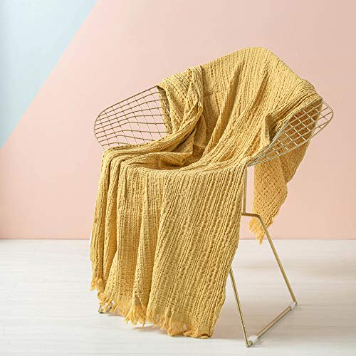 Simple&Opulence Cotton Throw Blanket Waffle Weave Cable Knit Woven With Tassels Solid Cozy Blanket Scarf Shawl Farmhouse Decoration (Yellow)
