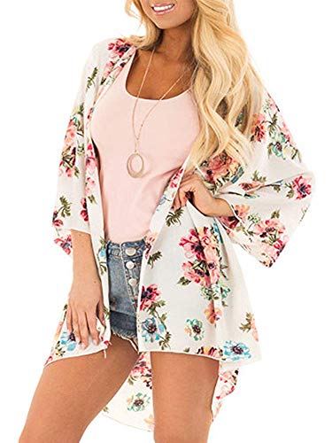 GSVIBK Womens Floral Print Kimono Loose Lace Chiffon Cardigan 3/4 Puff Sleeve Lace Patchwork Cardigans 228 Apricot M