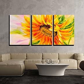 3 Piece Canvas Wall Art - Sunflower, Oil Painting on Canvas - Modern Home Art Stretched and Framed Ready to Hang - 16"x24"x3 Panels