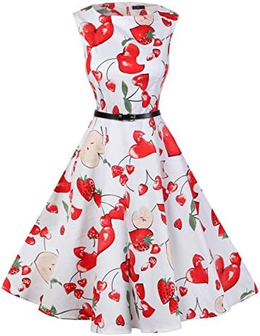 Zollzirr Summer Round Neck Sleeveless Floral Print Swing Dinner Party Wedding Retro Dress (l, Fruit)