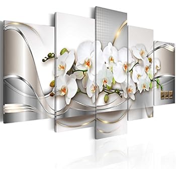 5 Panel Butterfly Orchid Flowers Canvas Print Wall Art Painting Decor for Home Decoration Picture for Bedroom Framed Ready to Hang White Floral Artwork (40