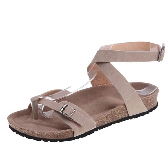 Damen Sandalen Flache Knöchel Schnalle Zehentrenner Flip Flop Sommerschuhe Leder Casual Elegant Schuhe Schwarz Braun Beige Gr