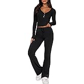 FWBBG Womens 2 Piece Lounge Sets Long Sleeve Crop Tops V Neck Flare Pants Set Fall Y2k Casual Outfits