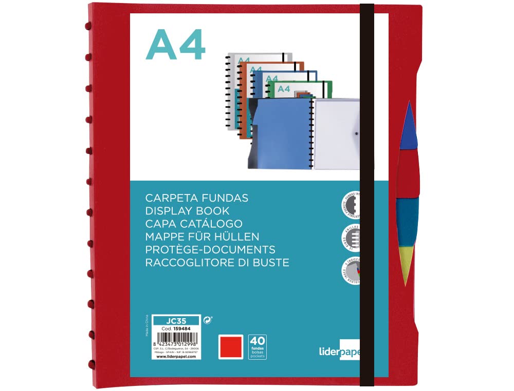 Leaderpapel A4 Folder with 40 Interchangeable Sleeves 5 sep Envelope and Rubber Cover and Customizable Spine red