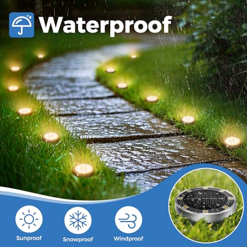 Peasur Pack of 12 Solar Ground Light, 8 LED, Waterproof Outdoor Solar Spotlight for Paths, Paths, Lawns, Patios, Yards, Swimming Pools, Warm White