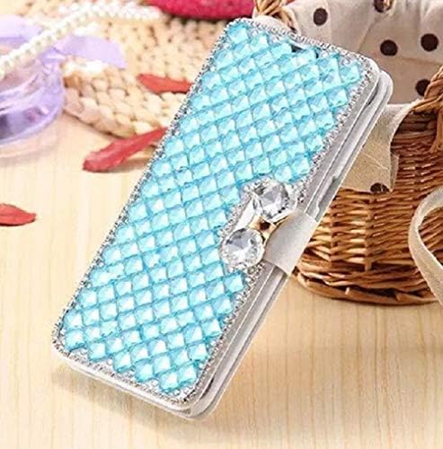 Amocase Wallet Leather Case with 2 in 1 Stylus for iPhone 7 Plus,Luxury 3D Handmade Square Diamond Crystal Rhinestone Bowknot Stand Purse Shockproof Leather Case for iPhone 7 Plus/8 Plus - Blue