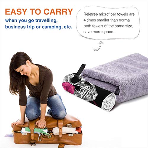 Microfibre-towel-lightweight-travel-beach-towel-Extra-large-quick-drying-camping-towel-Premium-gym-towels-for-swimming-yoga-Highly-absorbent-fast-dry-Pink-Roses-Skull