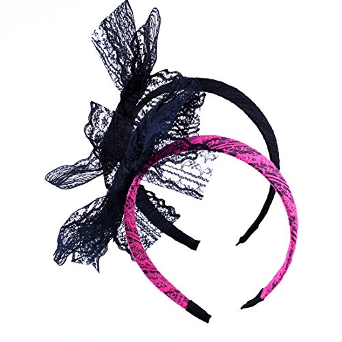 LEKUSHA Women's 80s Costume Accessories Neon Lace Headband Hair Band with Bow, Black Rose Red, Set of 2