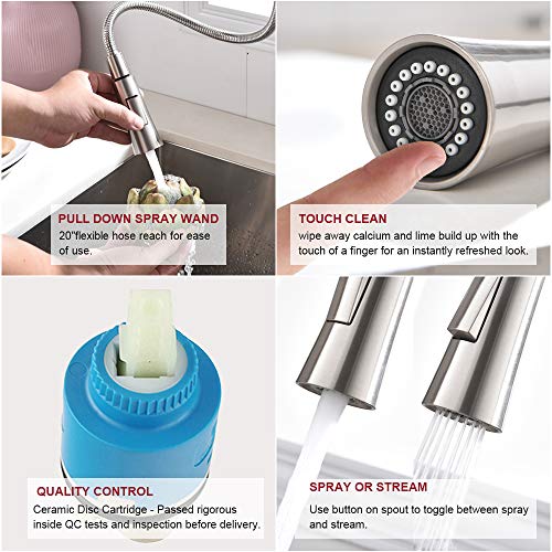 VESLA HOME Modern Commercial Stainless Steel Single Handle Pull Down Sprayer Head Brushed Nickel Kitchen Faucets, Sink Faucet Kitchen with Deck Plate - Thumbnail 5